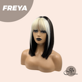 JBEXTENSION 14 Inches Bob Cut Short Straight Black With White Bangs Wig FREYA