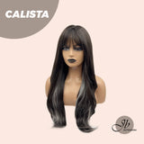 JBEXTENSION 24 Inches Curly Tea Black With Grey Highlight Wig With Bangs CALISTA