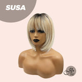 JBEXTENSION 12 Inches Balayage Mix Blonde With Dark Root Wig With Bangs SUSA