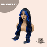 HOT OF SEASON - 28 Inches Long Black With Blue Highlight Wave Wig With Bangs BLUEBERRY