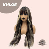 JBEXTENSION 26 Inches Body Wave Natural Black With Blonde Highlight Hair With Full Bangs Wig KHLOE