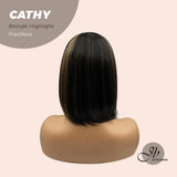 JBEXTENSION 12 Inches Bob Cut Nature Black With Blonde Highlight Side Part Frontlace Glueless Wig CATHY BLONDE HIGHLIGHT