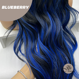 HOT OF SEASON - 28 Inches Long Black With Blue Highlight Wave Wig With Bangs BLUEBERRY