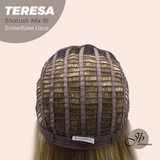 JBEXTENSION 18 Inches Shatush Mix Blonde Pre-Cut Snowflake Lace Frontlace Glueless Wig TERESA SHATUSH MIX BLONDE【PERMATEASE】【BENDY EAR TABS】