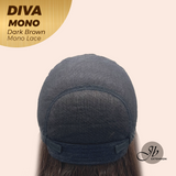 JBEXTENSION DIVA MONO Full Monofilament Handmade Full Lace Full Hand Tied Wig 24 Inches Long Curly Dark Brown Mono Lace Handmade Futura Fiber Wig with Anti-slip Silicone Strips Glueless Wig DIVA MONO - DARK BROWN【BENDY EAR TABS】