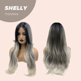 JBEXTENSION Peluca gris balayage de 26 pulgadas con flequillo negro, peluca frontal precortada SHELLY