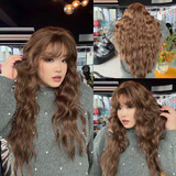 JBEXTENSION 29 Inches Long Body Wave Mocha Brown Wig With Bangs DAPHNE MOCHA BROWN