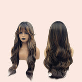 JBEXTENSION 28 Inches Long Curly Black With Blonde Color Wig With Bangs BEVERLY